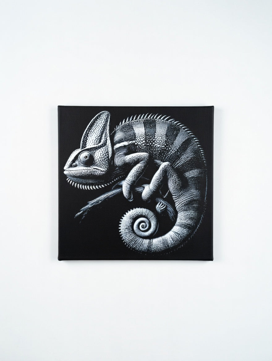 Tableau Caméléon 3D Noir Gris Blanc